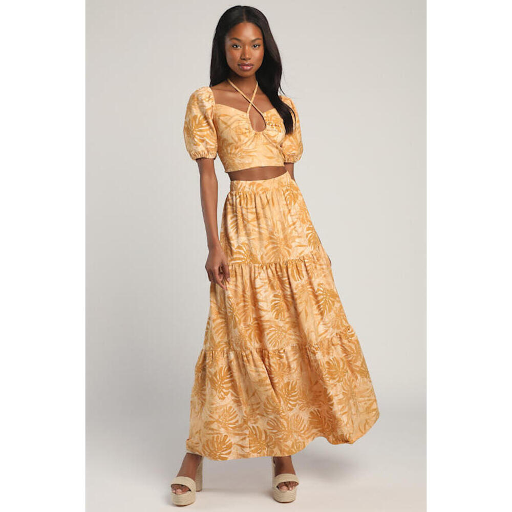 Lulus Veranda Vibes Beige Tropical Print Tiered Maxi Skirt and Top- Size M